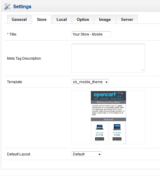 Screenshot of Opencart store configuration screen