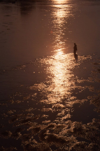Fisherman on river at sunset