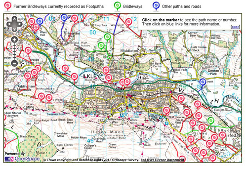 Screenshot of OS map with multiple routes marked in red, green and blue